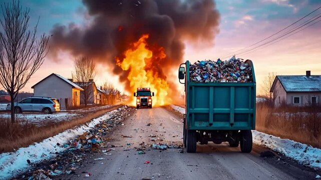 Burning Refuse: An environmental disaster unfolds as a fire rages in the background while a refuse truck is driving forward on the road.