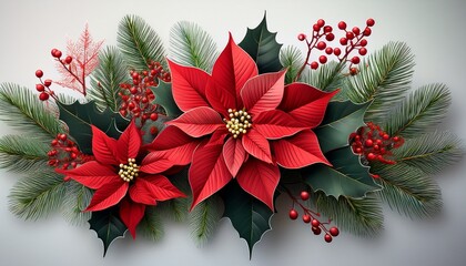 A Christmas-inspired floral composition featuring vibrant red poinsettias, holly berries, and lush fir branches, creating a festive and joyful holiday atmosphere.
