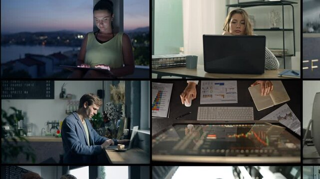 Video collage of different people working remotely. Home office business and finance work through the Internet. High quality 4k footage