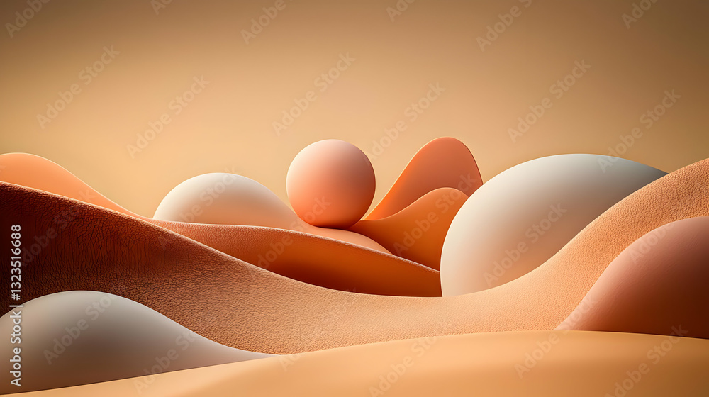 Poster abstract composition with spheres and curved shapes in warm orange tones against a soft gradient bac