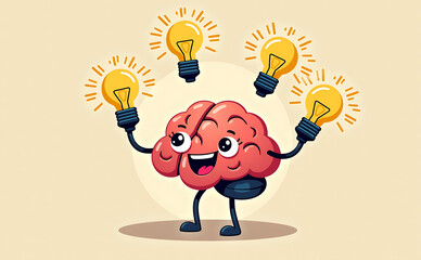 A cartoon brain juggling lightbulbs symbolizing creativity and multitasking skills