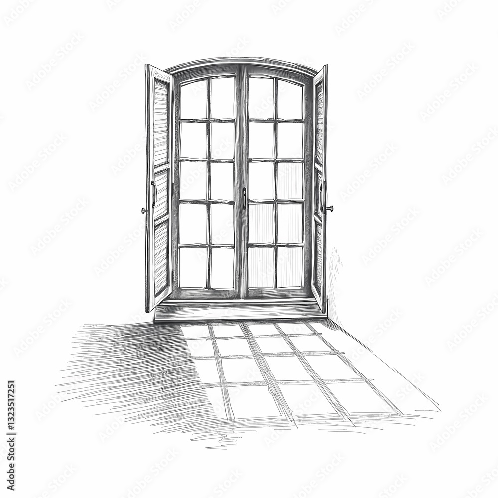Poster elegant window: a detailed drawing of an elegant, arched window with open shutters, casting a grid-l