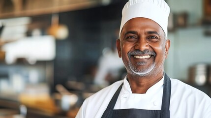 Smiling chef in uniform exudes warmth and professionalism, embodying culinary passion and expertise.
