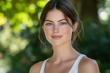 Naklejka premium In this captivating close-up, a smiling woman exudes natural beauty, her face framed by soft features and a genuine expression of joy Her minimal makeup enhances, rather than obscures, her inherent