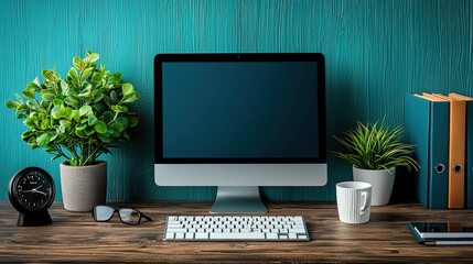 Functional desk with a computer, green plant, and phone for a productive and inviting workspace