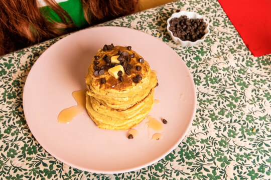 Pancakes with Chocolate Chips and Syrup