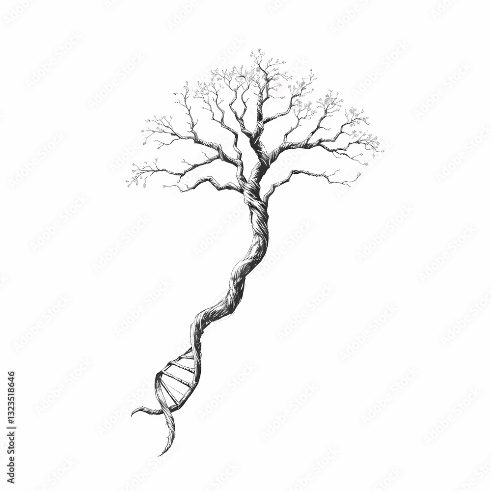 Poster dna tree: a unique artistic illustration depicting a tree merging with a dna strand, representing th