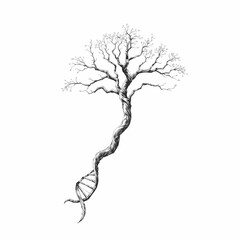 DNA Tree: A unique artistic illustration depicting a tree merging with a DNA strand, representing the connection between nature and the building blocks of life. 