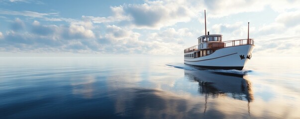 A white boat moves across calm water under a cloudy sky