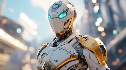 A battle-ready soldier in heavy gold and white armor with glowing turquoise eyes, standing strong against a shining futuristic skyline.