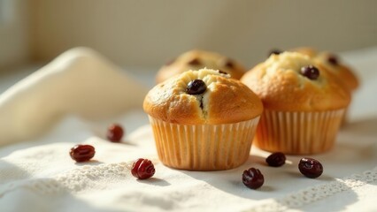 Golden-brown muffins with a sweet berry topping, artfully arranged on a delicate cream-colored cloth, bathed in soft sunlight
