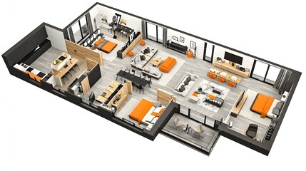 Obraz premium Modern Open Office Space with Ergonomic Furniture and Collaborative Workstations in Orange and Black Design