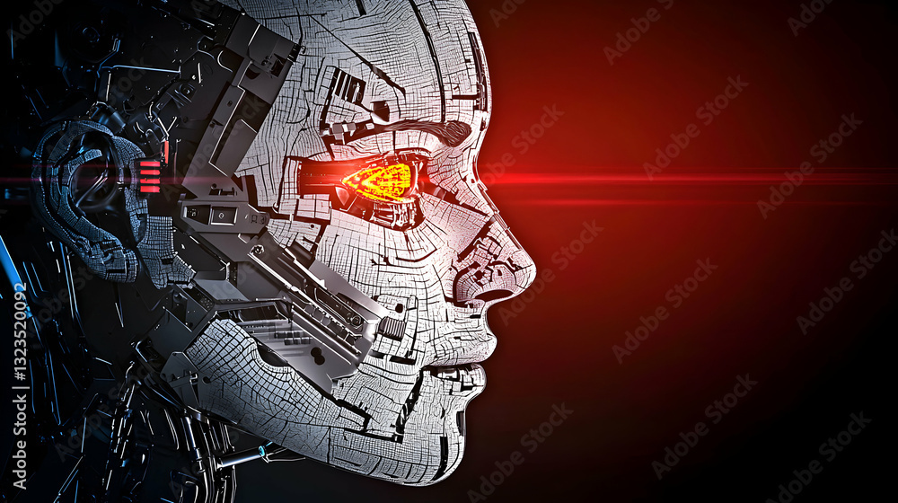 Poster futuristic robot head with illuminated eye looking at the viewer