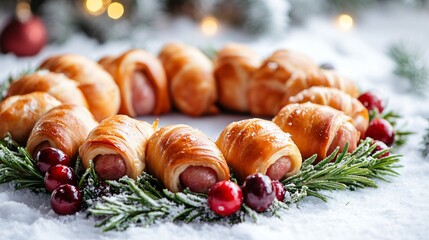 Christmas-themed pigs in a blanket, arranged in the shape of a holiday wreath, garnished with fresh rosemary and cranberries, set against a snowy winter backdrop