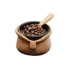 Obraz premium 3D Coffee Beans in Burlap Sack with Wooden Spoon – PNG Cutout