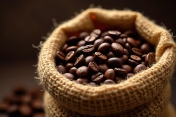 Dark roasted coffee beans overflowing burlap sack, roasted coffee beans, caffeine