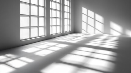 Bright sunlight streams through large windows casting dramatic shadows across a minimalist room. AI Generated