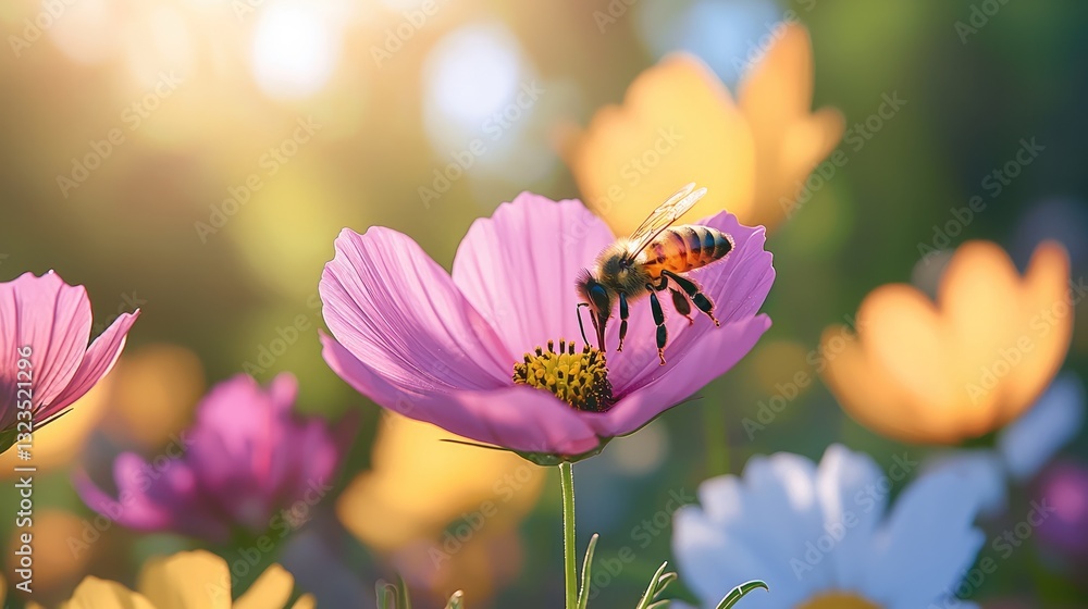 Poster close-up of bees collecting nectar from colorful flowers in a garden, blurred background.