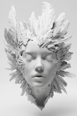 Serene White Female Sculpture with Intricate Feather Detail