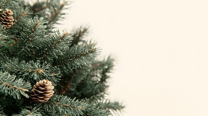 Closeup of Evergreen Pine Tree with Cones Against a Subtle Cream Background in Winter