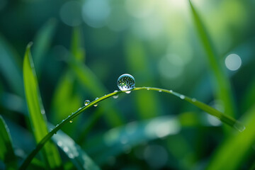 Captures ethereal beauty of a solitary dewdrop delicately suspended on a slender blade of emerald grass revealing its pristine spherical shape amidst a backdrop of lush verdant foliage encapsulating