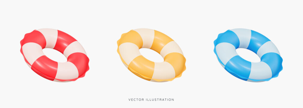 3D Inflatable swimming ring in red, yellow and blue icon set. Rubber pool toy. Swim lifesaver. Summer time objects. Travel and vacation. Cartoon design icons isolated on white. 3D Vector illustration