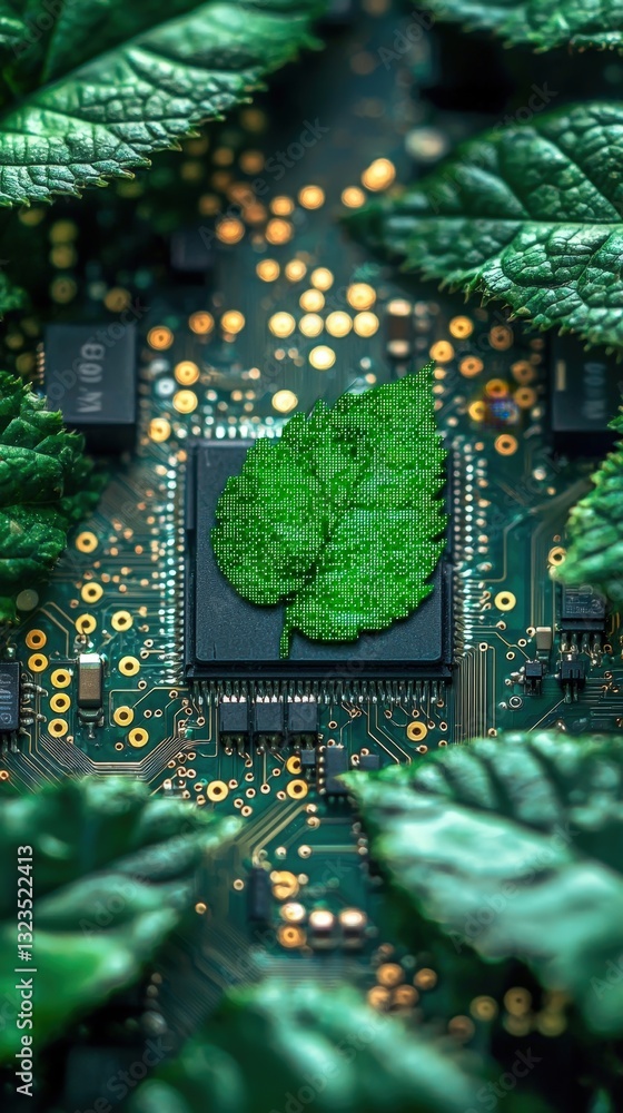 Poster a lush green leaf gracefully resting on a computer chip illustrating the intersection of nature and 