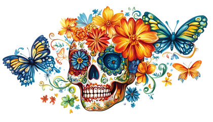 Sugar Skull Art Floral Butterflies on transparent background