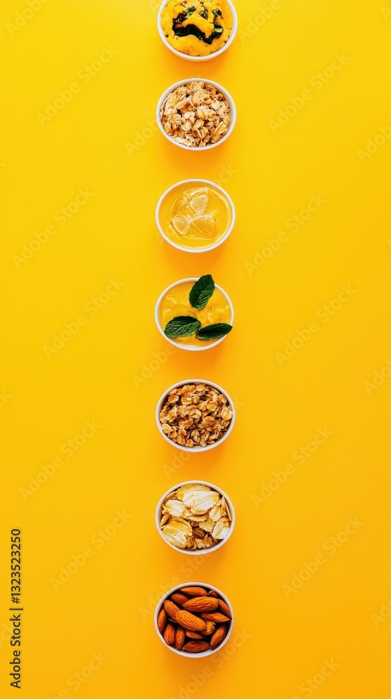 Poster a row of colorful bowls filled with various types of food displayed on a rustic wooden surface