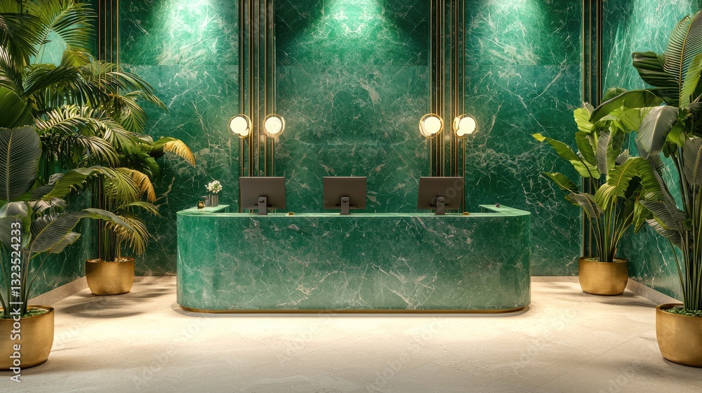 Poster a luxury hotel front desk is made of emerald green marble and glass, surrounded by three vertical co