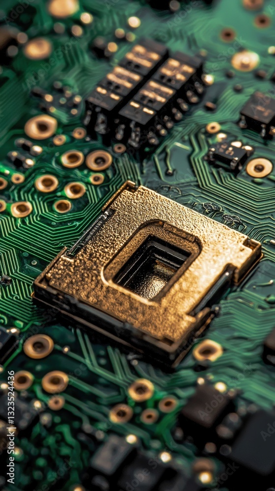 Poster close-up of computer chip highlighting intricate design and advanced technology in electronics