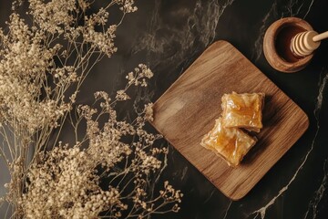 Delicious Baklava and Honey on a Wooden Plate Surrounded by Dried Flowers on a Marble Surface