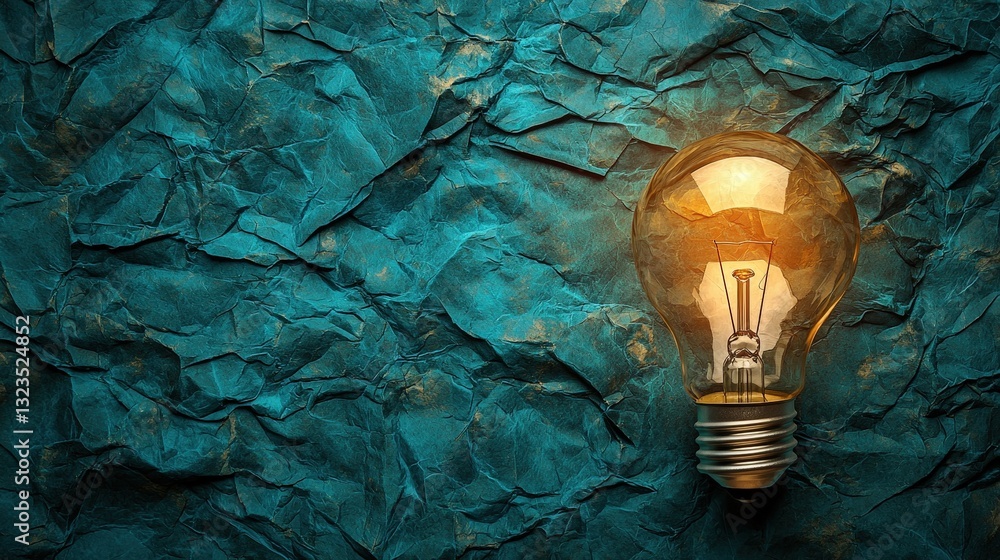 Poster a bright light bulb illuminating a crumpled paper background creating a unique artistic display