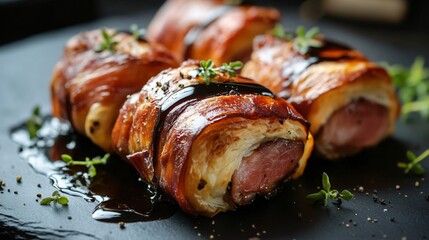Michelin-star-style gourmet pigs in a blanket, wrapped in prosciutto and puff pastry, served with a balsamic reduction drizzle, isolated on a matte black plate with soft lighting