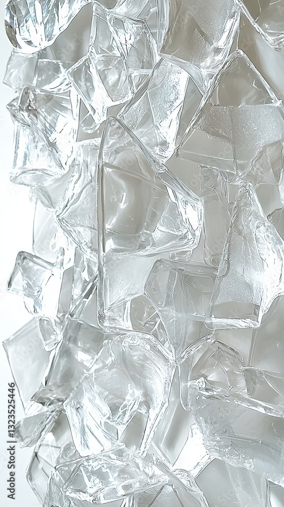 Poster pile of clear ice cubes glimmering under soft light with reflections and textures visible