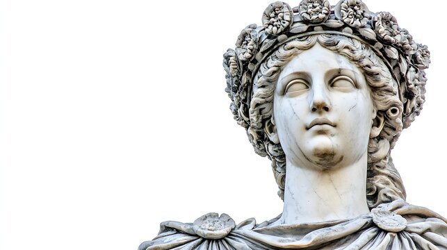 Elegant Marble Statue of a Female Figure with Intricate Details and a Floral Crown