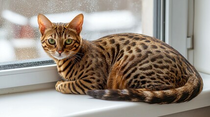 Curious tabby cat perched on a windowsill, gazing with intrigue, soft light enhancing its charm.
