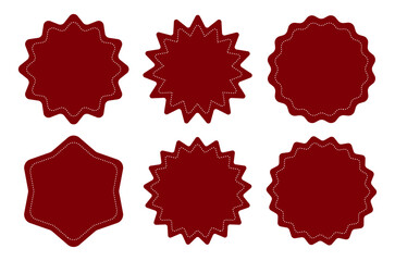 Set of six red badge shapes with dotted borders isolated on white background. Blank labels for certificates, promotions, discounts, and awards