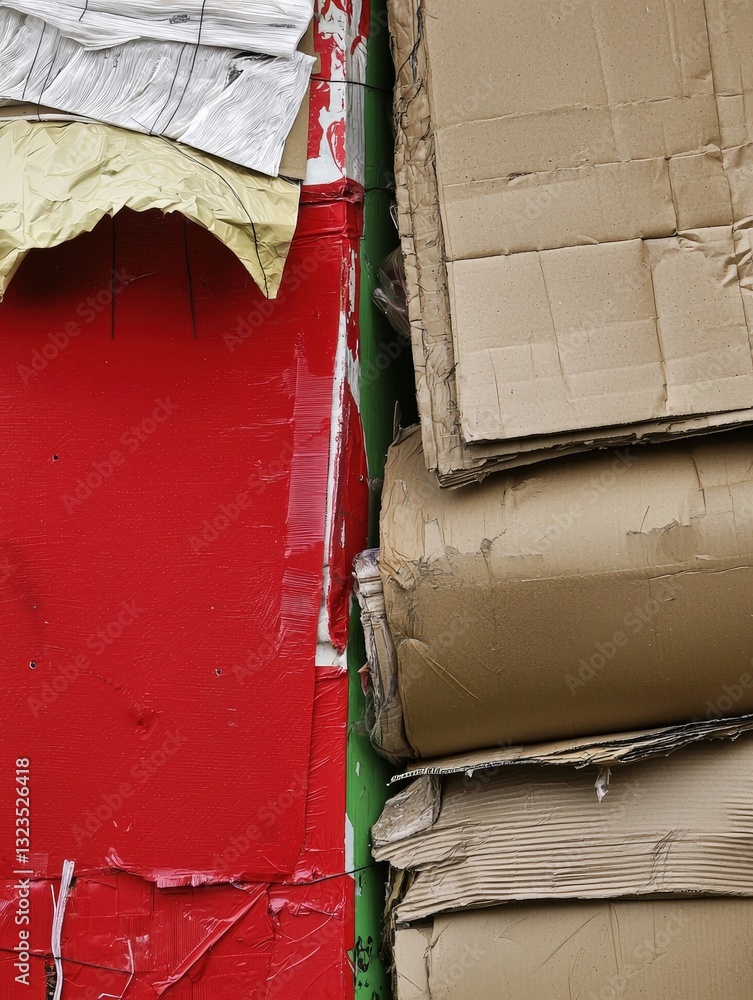 Poster stack of cardboards against a bold red wall creating a striking contrast in a creative workspace