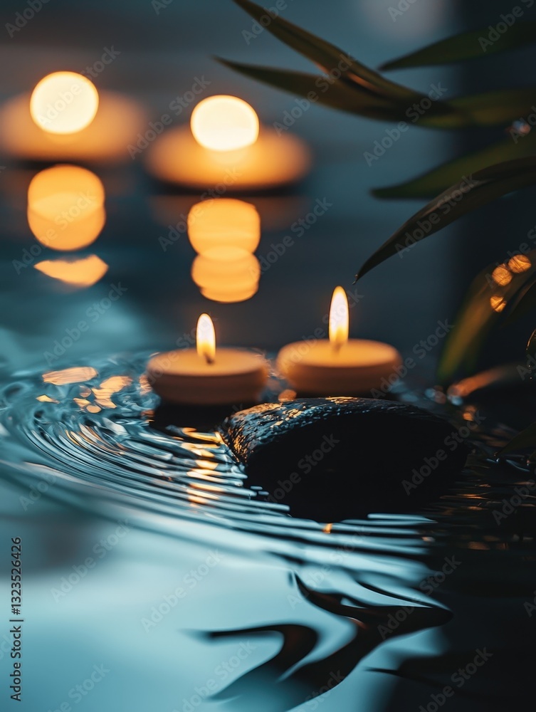 Poster serene scene of floating candles in calm water creating a tranquil and peaceful atmosphere