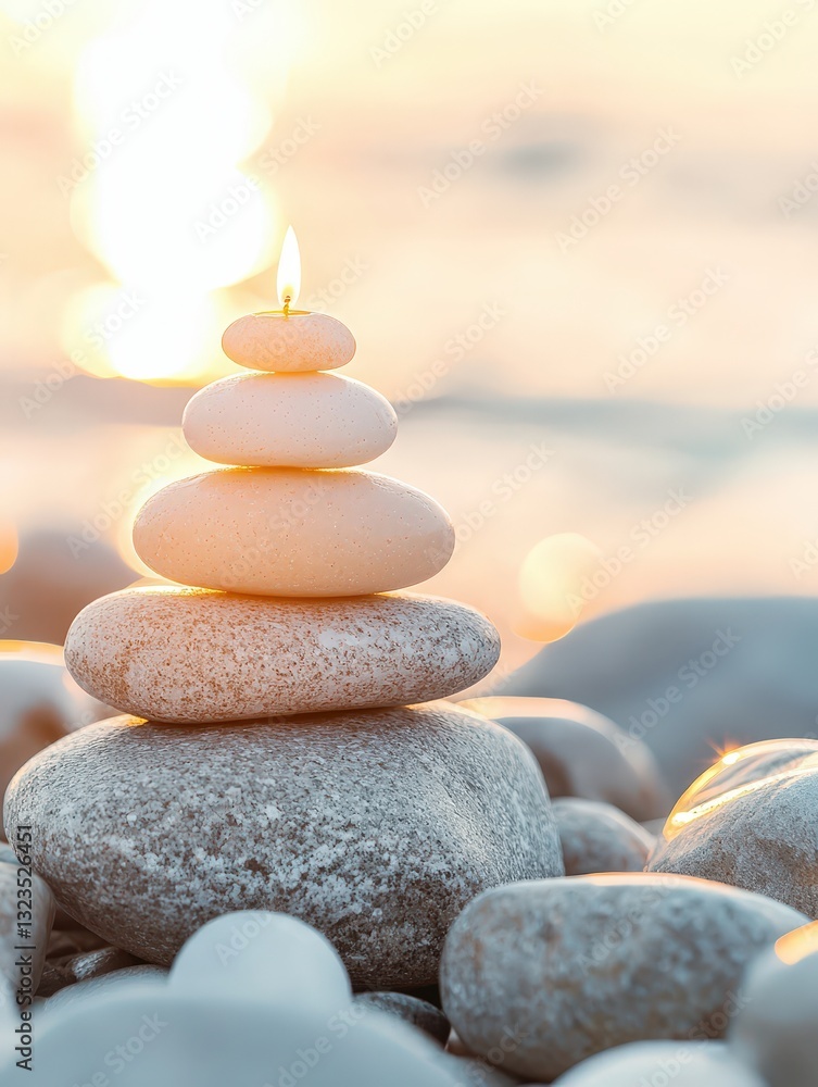 Poster balanced stack of rocks with a candle on top creating a harmonious and meditative display