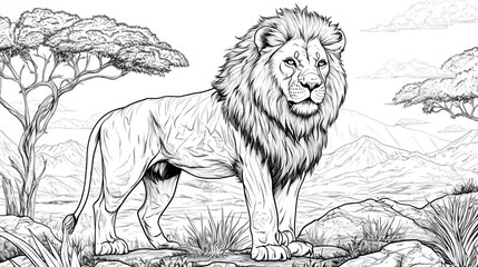 Majestic lion standing in African savanna, mountains in background; coloring book illustration