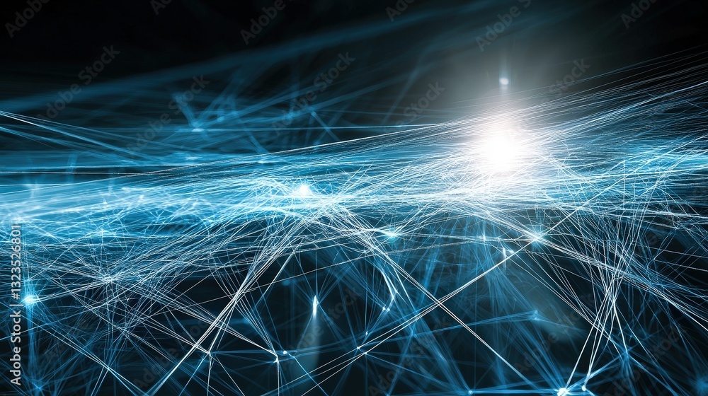 Poster dynamic blue light streaks creating an abstract motion effect on a dark background