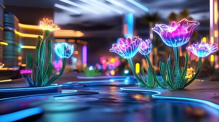 Neon Cactus Flowers, Futuristic Night Bloom - Cyberpunk aesthetics