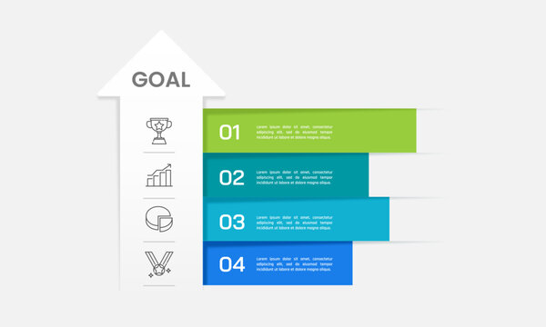 Upward arrow infographic with 4 options to success. Presentation, Data, Report, Plan and Strategy. Vector illustration.