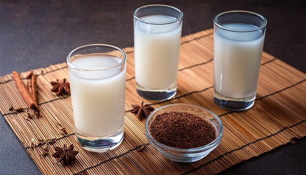 traditional drink ouzo or raki with anise seeds on matting