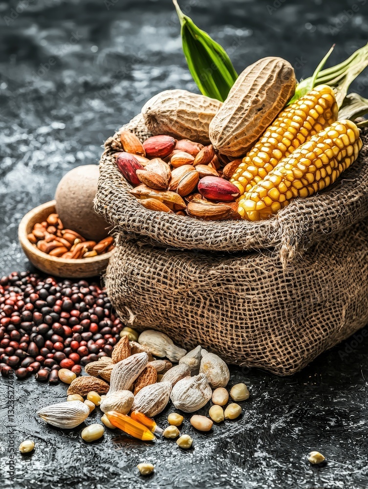 Poster a sack of mixed nuts and beans displayed on a wooden table in a rustic kitchen setting