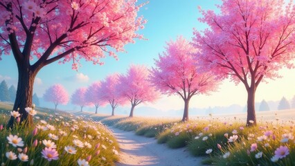 Naklejka premium Serene Path Through a Field of Blossoming Trees and Daisies in a Dreamlike Meadow