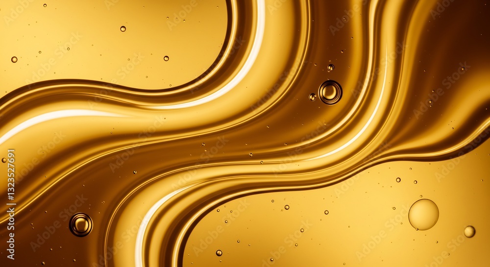Poster macro shot of flowing golden liquid with bubbles, showcasing a viscous texture and reflective light.