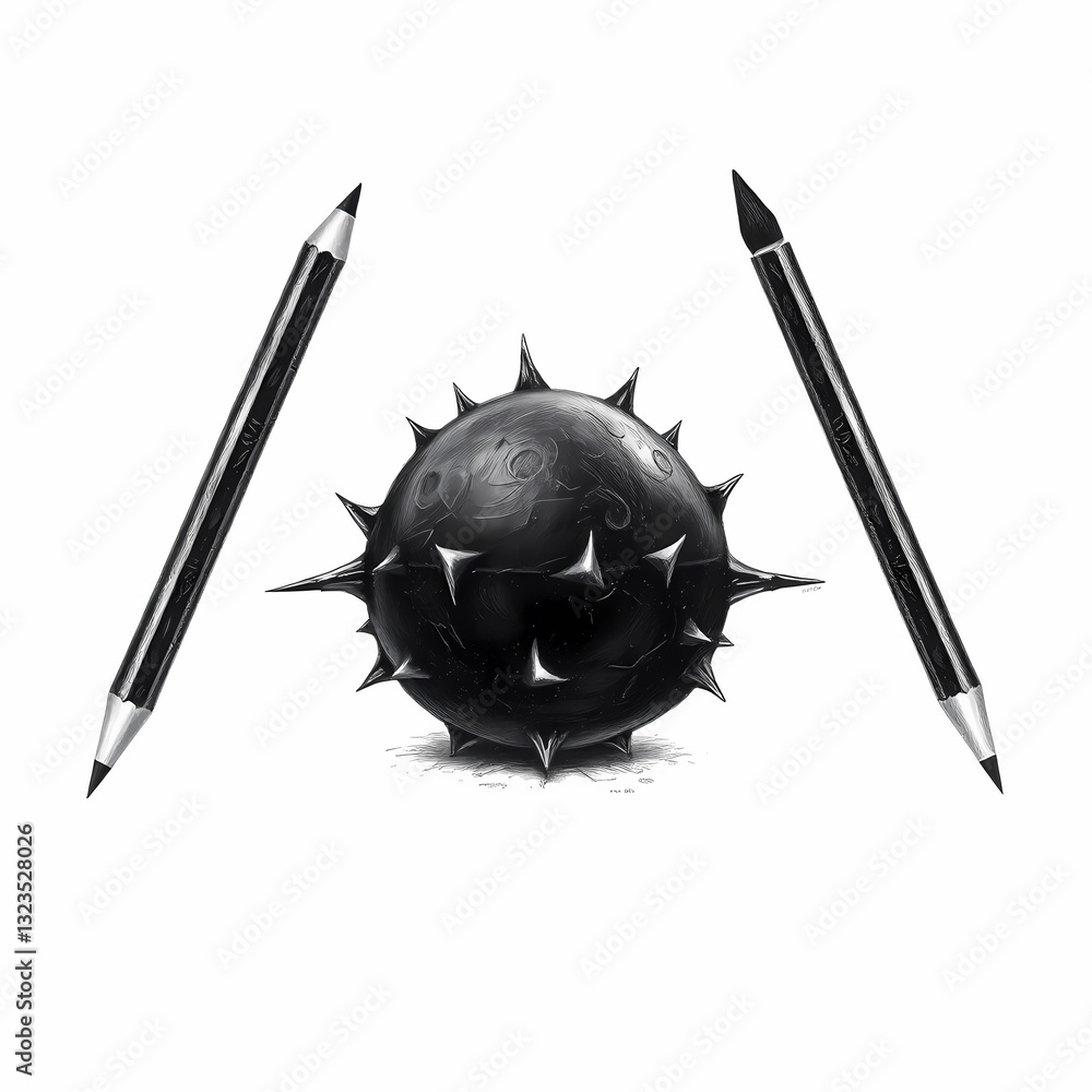Aufkleber artistic composition: two pencils flank a spiky sphere, creating a surreal interplay of form and too